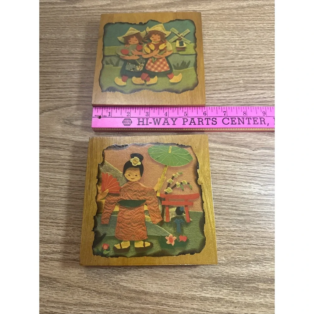 Set of 2 Vintage Decoupage Wooden Wall‎ Plaques - Asian And Dutch